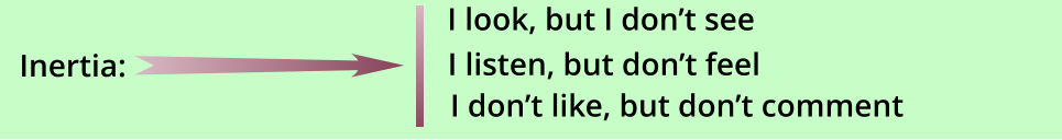 I listen, but don’t feel I don’t like, but don’t comment  I look, but I don’t see               Inertia: